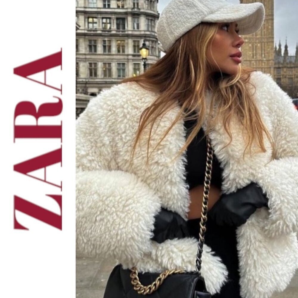 NWOT ZARA *BLOGGER FAVORITE* TEDDY JACKET SHAGGY FLUFFY WHITE SNOW BUNNY LARGE